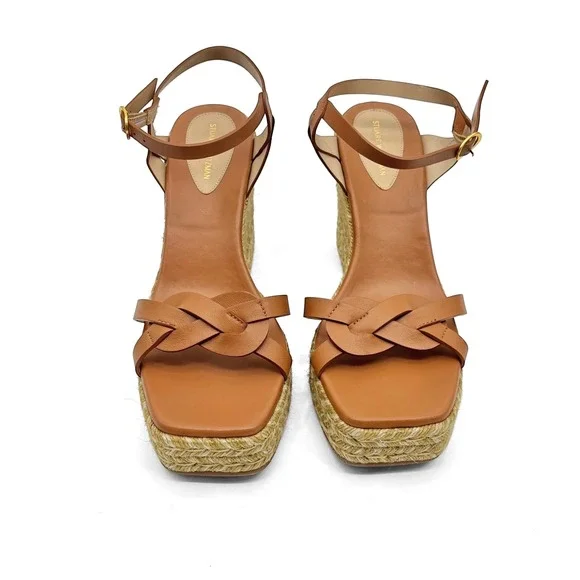 Stuart Weitzman Tan Braida Max Leather Espadrille Wedge Sandals Women's Size 9.5 - Picture 3 of 9